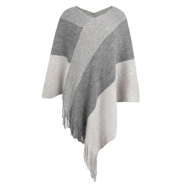 Contrasting Color Cloak Shawl Sweater Coat Grey - Shop at LoveMi