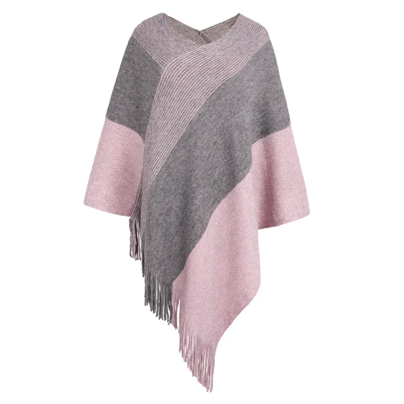 Contrasting Color Cloak Shawl Sweater Coat - Pink