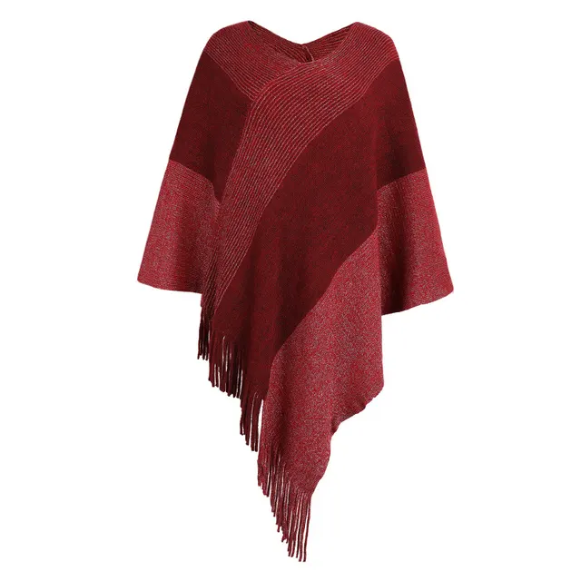 Contrasting Color Cloak Shawl Sweater Coat Wine Red - Shop at LoveMi