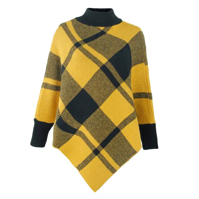Color Block Check Cape Bat Sleeve Pullover Knit Shawl Yellow - Shop at LoveMi