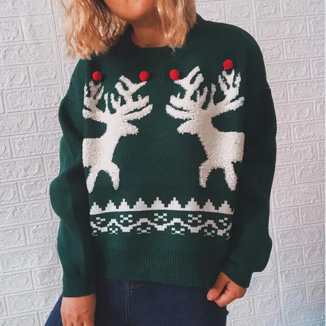 Women's Elk Christmas Sweater Round Neck Long Sleeve Knitted Pullover Green - Shop at LoveMi