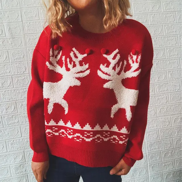 Women's Elk Christmas Sweater Round Neck Long Sleeve Knitted Pullover Red - Shop at LoveMi