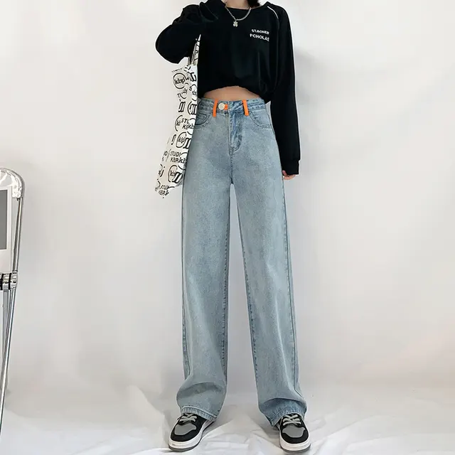 High waisted Straight leg Loose fitting Elasticated Back Waist Denim Wide leg Pants Light Blue - Shop at LoveMi