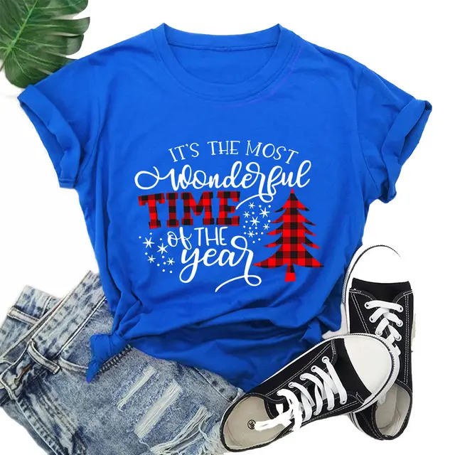 Christmas Print Round Neck Short Sleeve Women's T shirt Royal - Shop at LoveMi