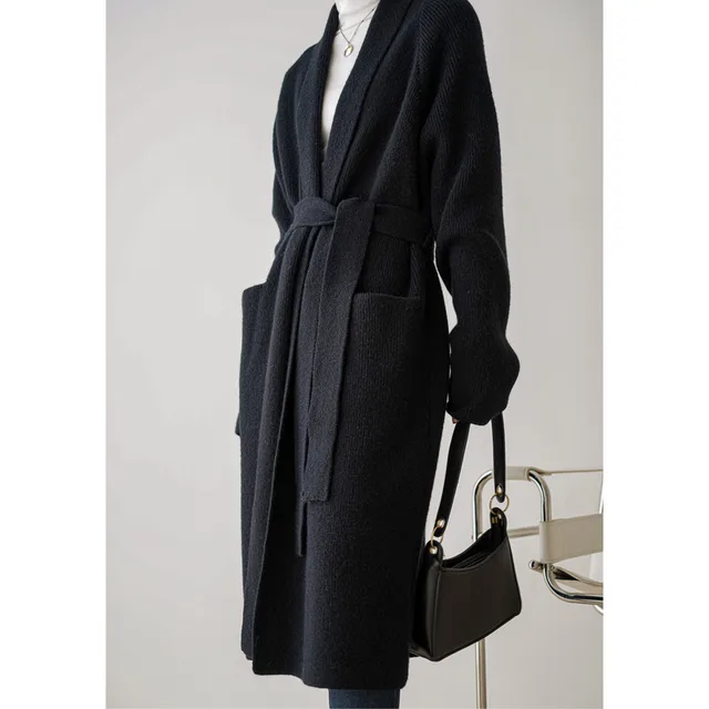 Thicken Bathrobe Belt Alpaca Wool Loose Big Sweater Knitted Cardigan Mid length Coat Women Black - Shop at LoveMi