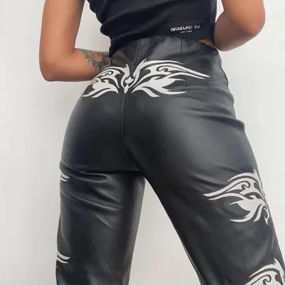 Black Printed High waisted Abdomen hip Wide leg Leather Pants Black - Shop at LoveMi