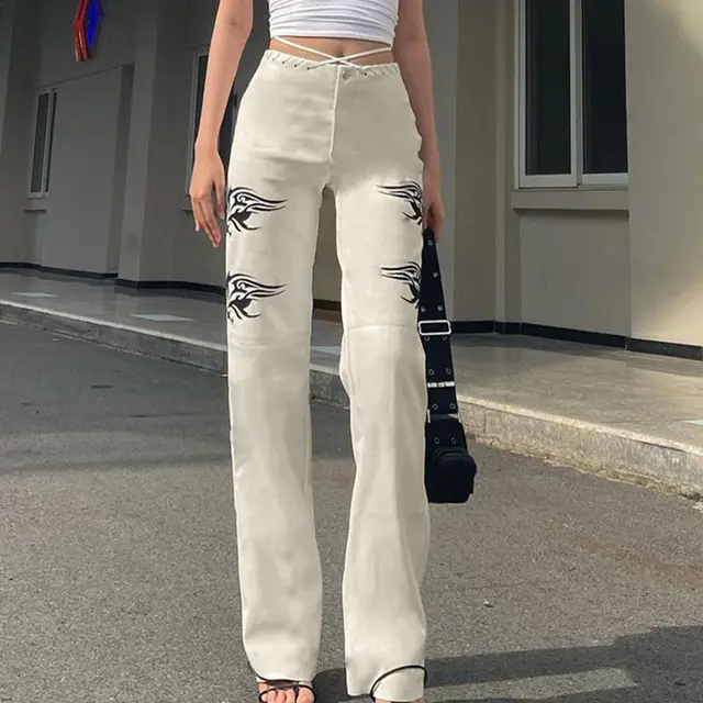 High waisted Cross lace Fashion Printed Trousers White - Shop at LoveMi