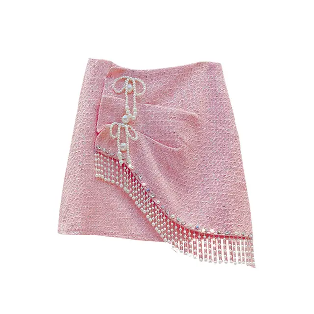 Fashionable Bowknot Beaded High Waist A line Short Skirt Pink - Shop at LoveMi