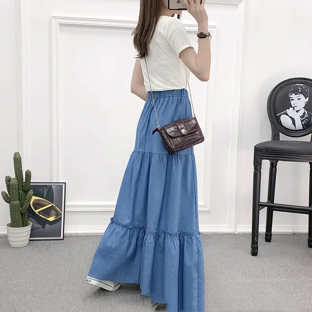 High Waist Slim Long Denim Single breasted Stitching Large Skirt Women Light Blue - Shop at LoveMi