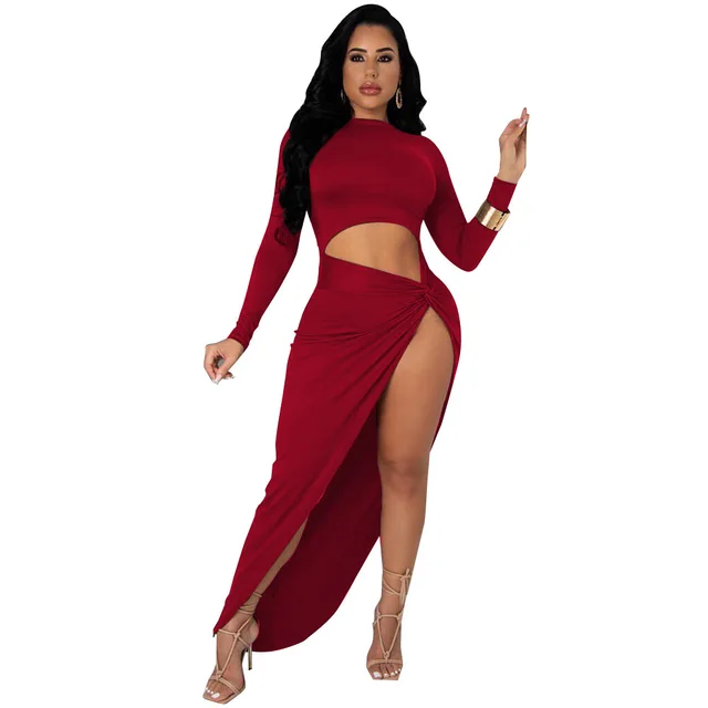 Solid Color Sexy Dress With Irregular Split Ends Wine Red - Shop at LoveMi