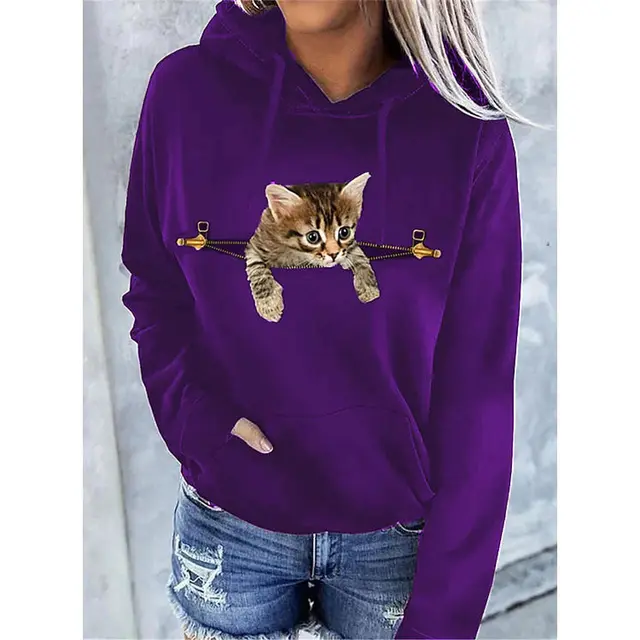 Autumn And Winter New Long sleeve Animal Print Hoodie Coat For Women Purple - Shop at LoveMi