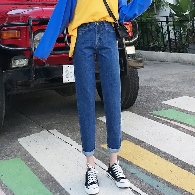 Women's Loose Harem Denim Cropped Trousers Dark Blue - Shop at LoveMi