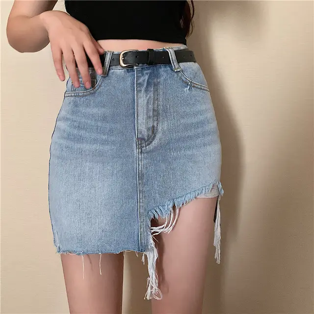 Denim Skirt Women Retro Irregular High Waist Blue - Shop at LoveMi