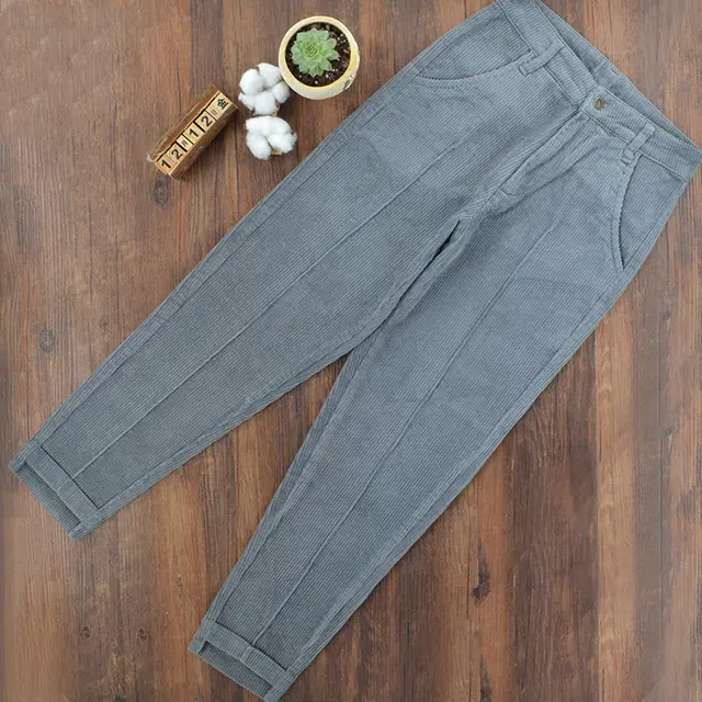 Cropped Corduroy Trousers Thick Striped Harem Loose Dark Grey - Shop at LoveMi