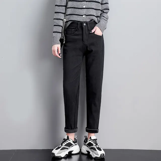 Women's Simple All match Plus Velvet Thick Jeans Black - Shop at LoveMi