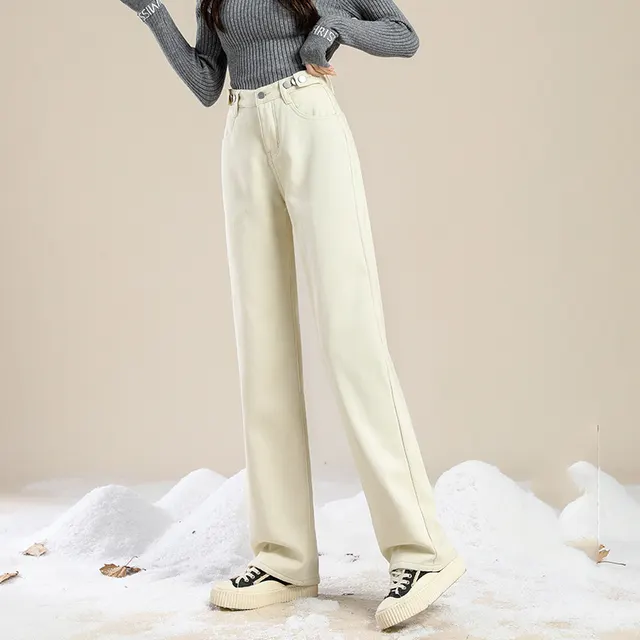 Fashion Simple Casual High Waist Plus Velvet Jeans Beige - Shop at LoveMi