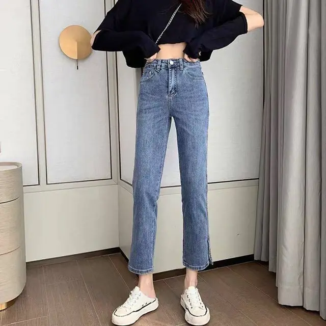 Fashion Women's Thin Split Straight leg Jeans Blue Nine Points - Shop at LoveMi