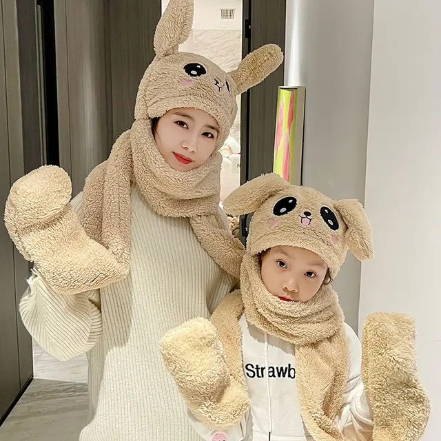 Three piece Set Of Rabbit Ears Warm Plush Moving Hat Scarf Gloves Khaki - Shop at LoveMi