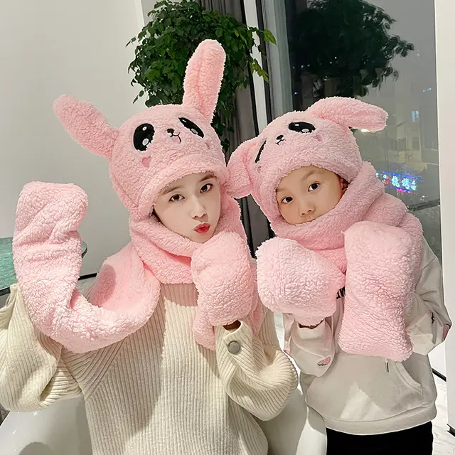 Three piece Set Of Rabbit Ears Warm Plush Moving Hat Scarf Gloves Pink - Shop at LoveMi
