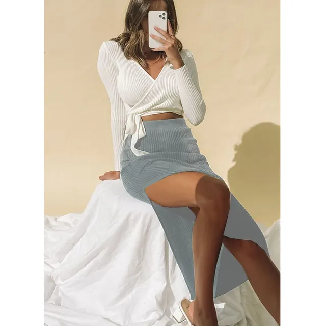 Women Temperament High Waist Irregular Slit Skirt Grey - Shop at LoveMi
