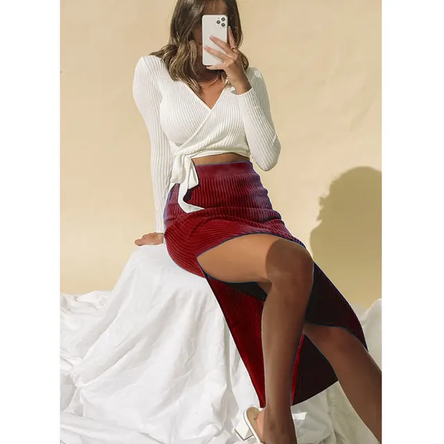 Women Temperament High Waist Irregular Slit Skirt Wine Red - Shop at LoveMi