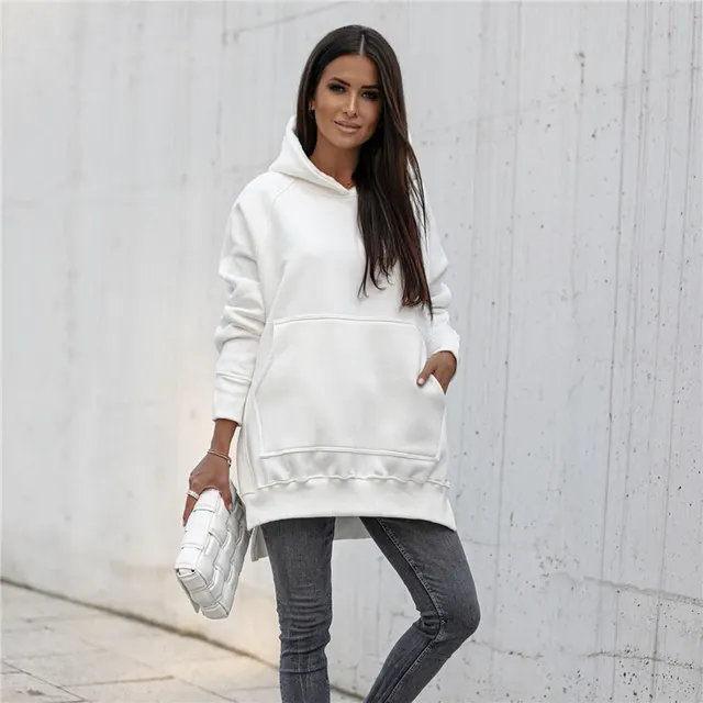 Fashion Women's Solid Color Split Hoodie Sweater White - Shop at LoveMi