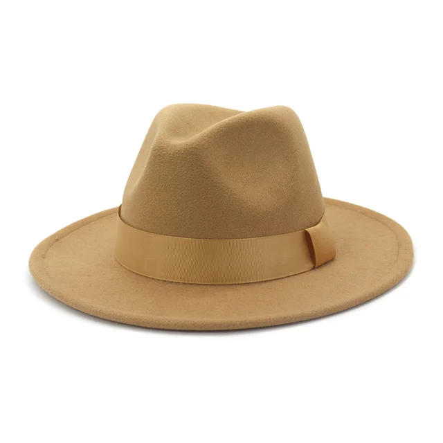 Fashionable Woolen Gentleman Jazz Flat Brim Big Hat Camel - Shop at LoveMi