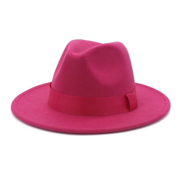 Fashionable Woolen Gentleman Jazz Flat Brim Big Hat Rose Red - Shop at LoveMi