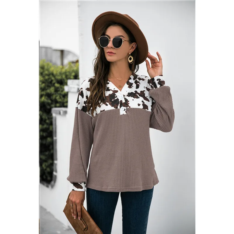 Leopard Print Stitching Loose Casual Long sleeved Sweater Grey - Shop at LoveMi