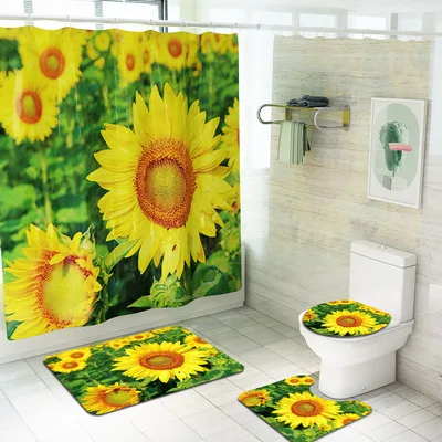 Sunflower Printed Shower Curtain Floor Mat Four Piece Set - Shop at LoveMi