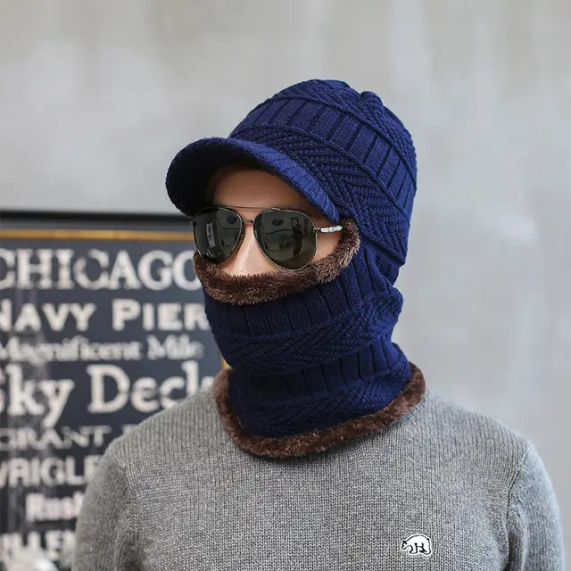 Men's Warm Hat Winter Plus Fleece Scarf Cycling Windproof Neck Protector Navy Blue - Shop at LoveMi