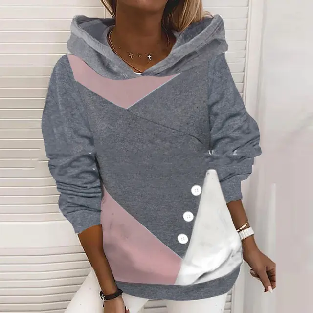 Ladies Stitching Hooded Loose Sweater Grey - Shop at LoveMi
