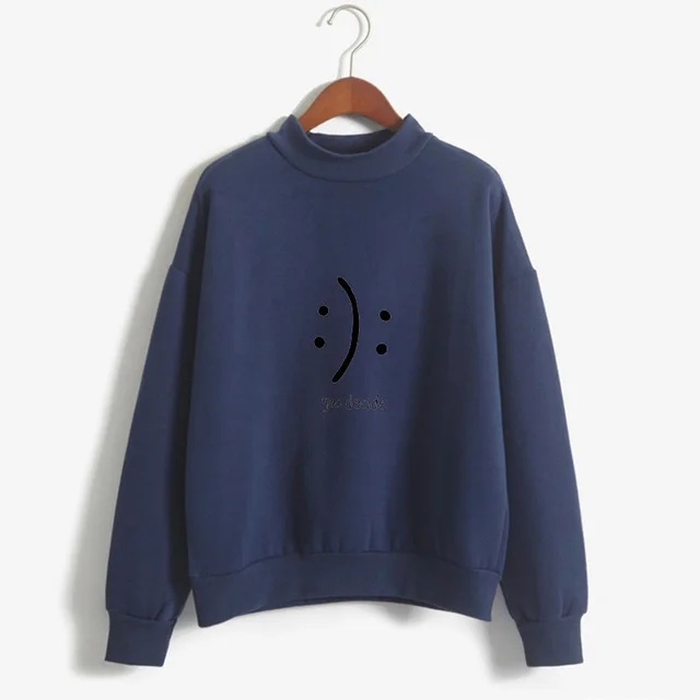 Smiley Text Fun Casual Loose Round Neck Sweater Women Navy Blue - Shop at LoveMi