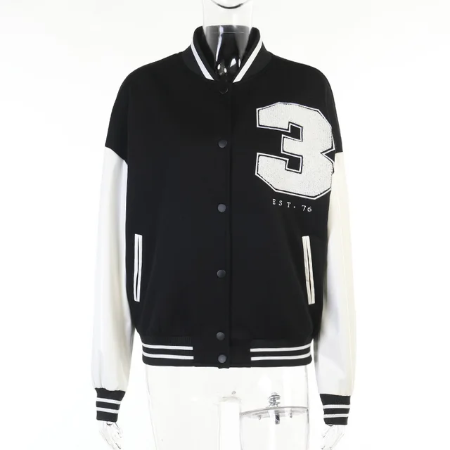 PU Stitching Contrast Loose Shoulder Baseball Jacket Black - Shop at LoveMi