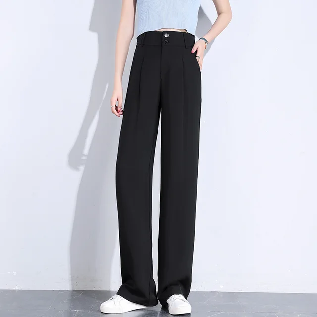 Women's Drape Straight High Waist Double Button Casual Suit Pants Black - Shop at LoveMi
