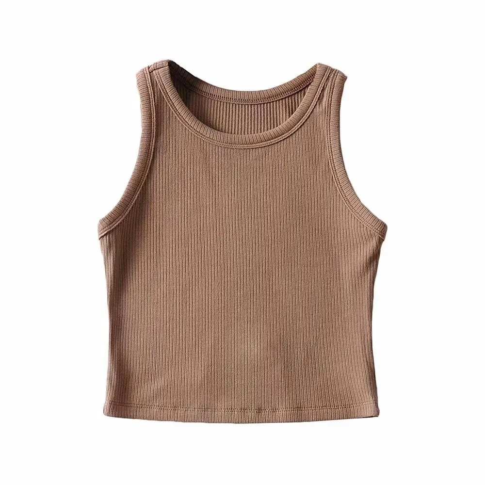 Women's Solid Color Threaded Round Neck Vest Coffee - Shop at LoveMi