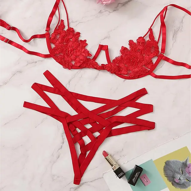 Women's Large Size Hollow See through Lace Underwear Set Red - Shop at LoveMi