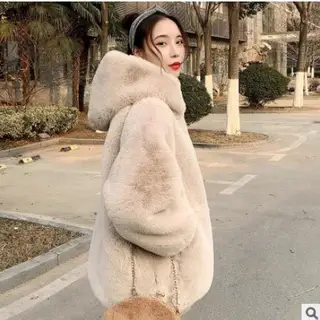 Women's New Rex Rabbit Fur Thickened Long Hooded Jacket - Beige Apricot Short