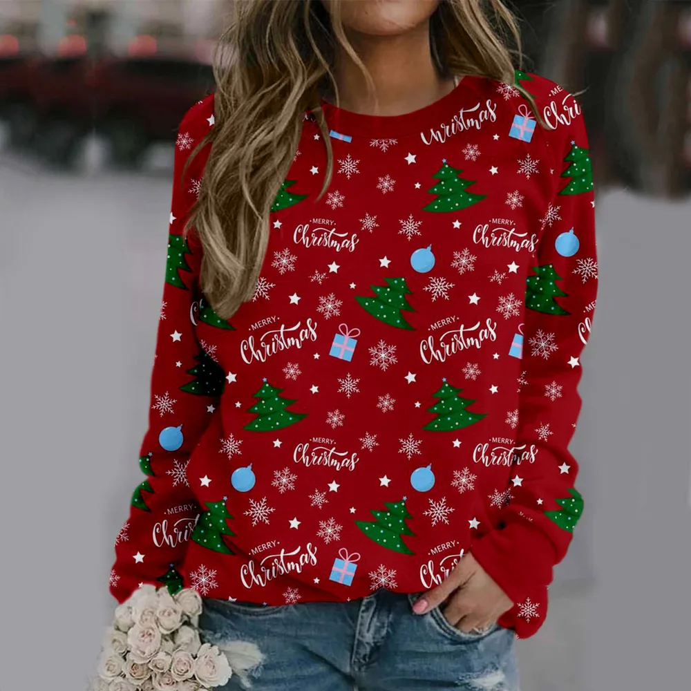 Christmas Print Round Neck Long-sleeved Fleece Sweatshirt - Red