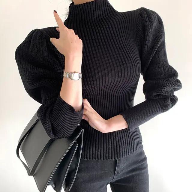 Women's Pullover Slim Pit Strip Puff Sleeve Bottoming Sweater Black - Shop at LoveMi