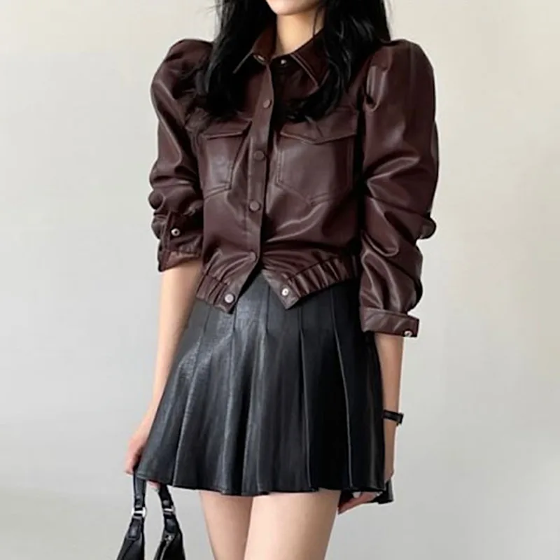 Lapel Single Breasted Double Pocket Leather Jacket Brown - Shop at LoveMi