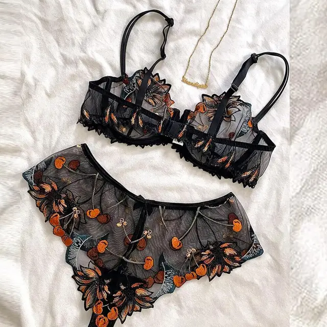 Women's Embroidered See through Band Steel Ring Gathered Underwear Set Black - Shop at LoveMi