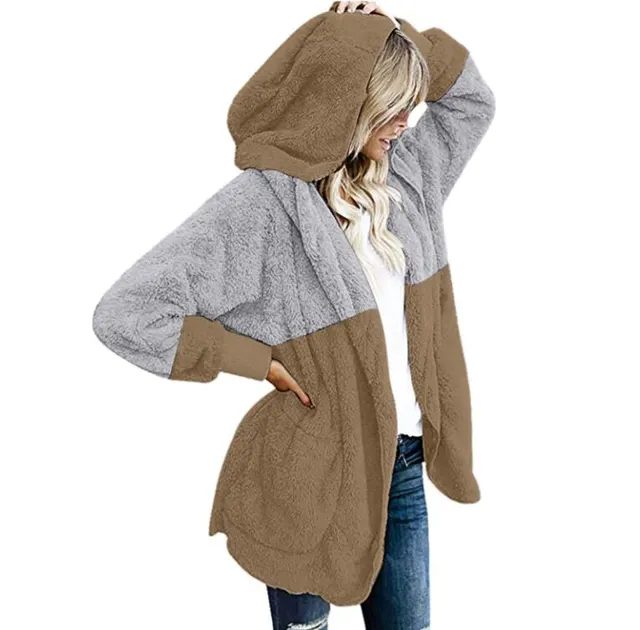 Ladies Cardigan Hooded Colorblock Plush Jacket Brown - Shop at LoveMi