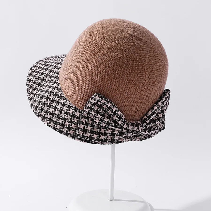 Small Lattice Stitching Knit Top Fisherman Hat Khaki - Shop at LoveMi