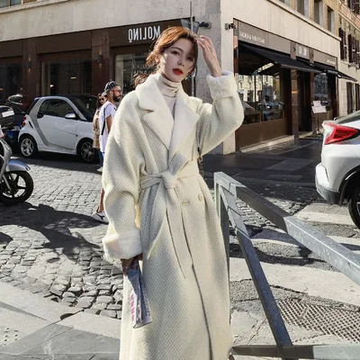 Faux Rabbit Fur Suit Collar Double breasted Belted Woolen Coat Beige - Shop at LoveMi