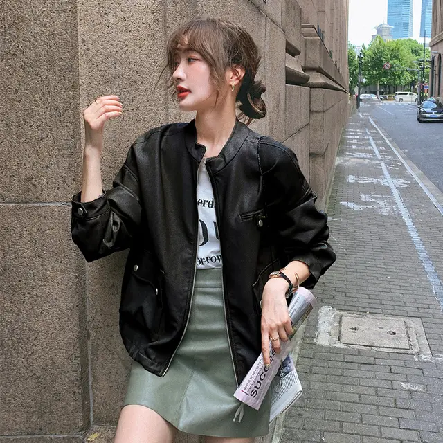 Classic Retro Autumn Coat Lazy Wind Pu Motorcycle Leather Jacket Black - Shop at LoveMi