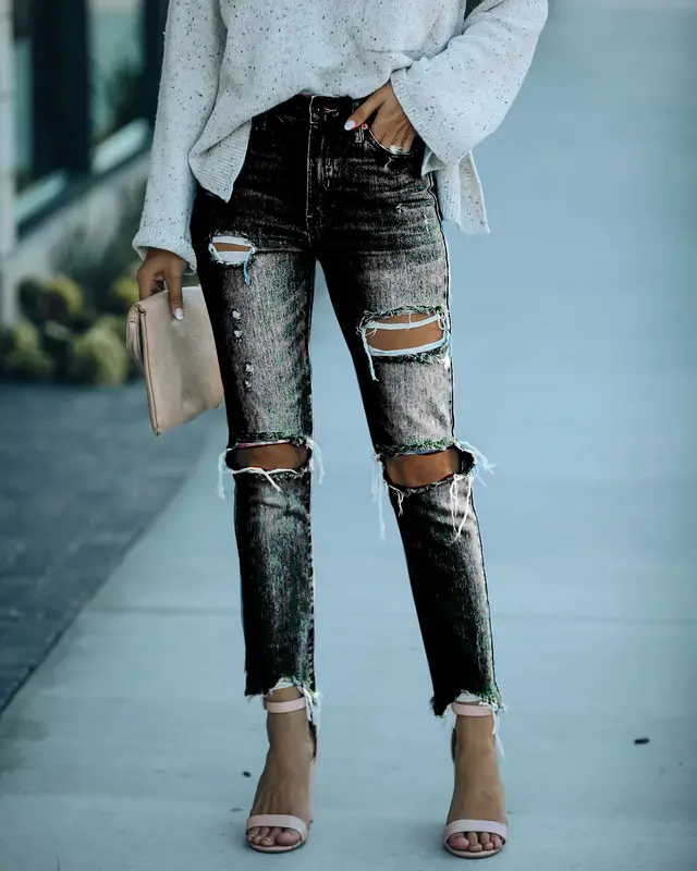 New Autumn And Winter Trousers And Denim Holes Sexy Black - Shop at LoveMi