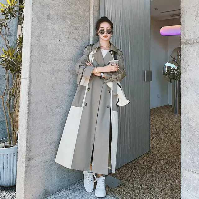 Stitching Contrast Drape Windbreaker British Style Fashion Over The Knee Grey - Shop at LoveMi