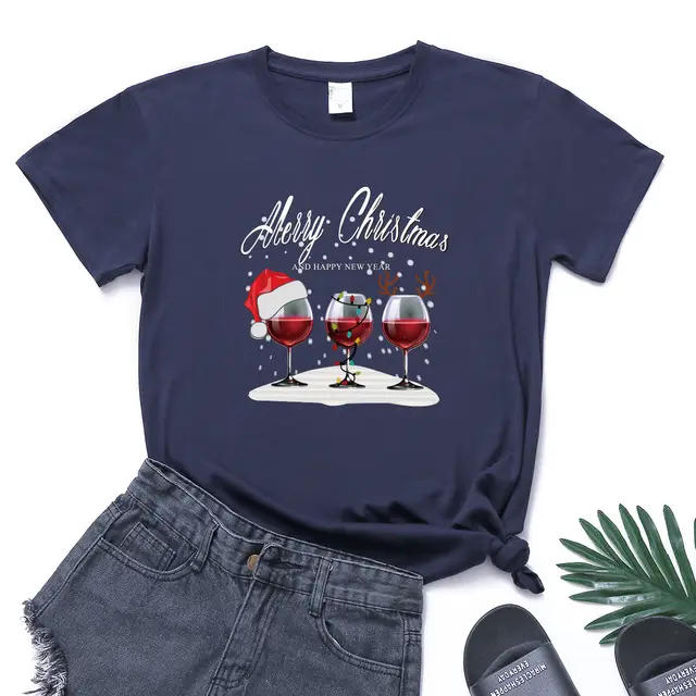 Christmas Three Wine Glasses Print Short Sleeve Navy Blue - Shop at LoveMi