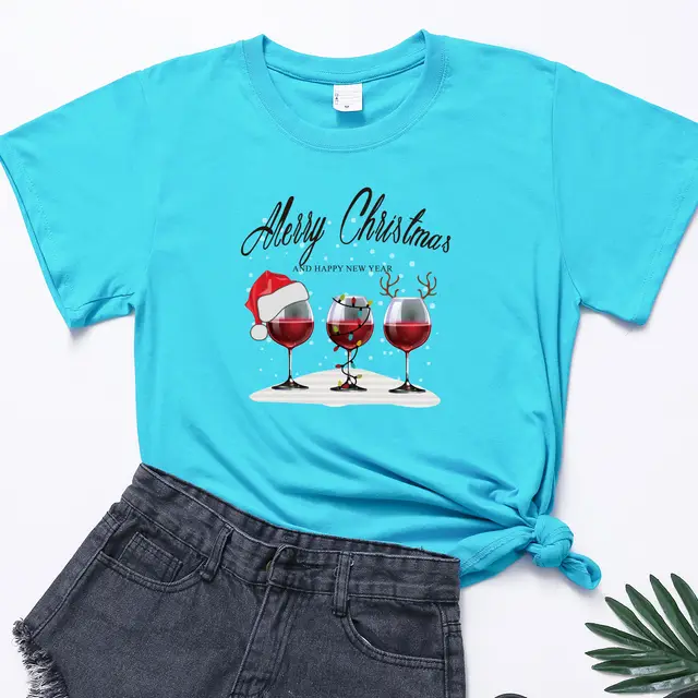 Christmas Three Wine Glasses Print Short Sleeve Sky Blue - Shop at LoveMi